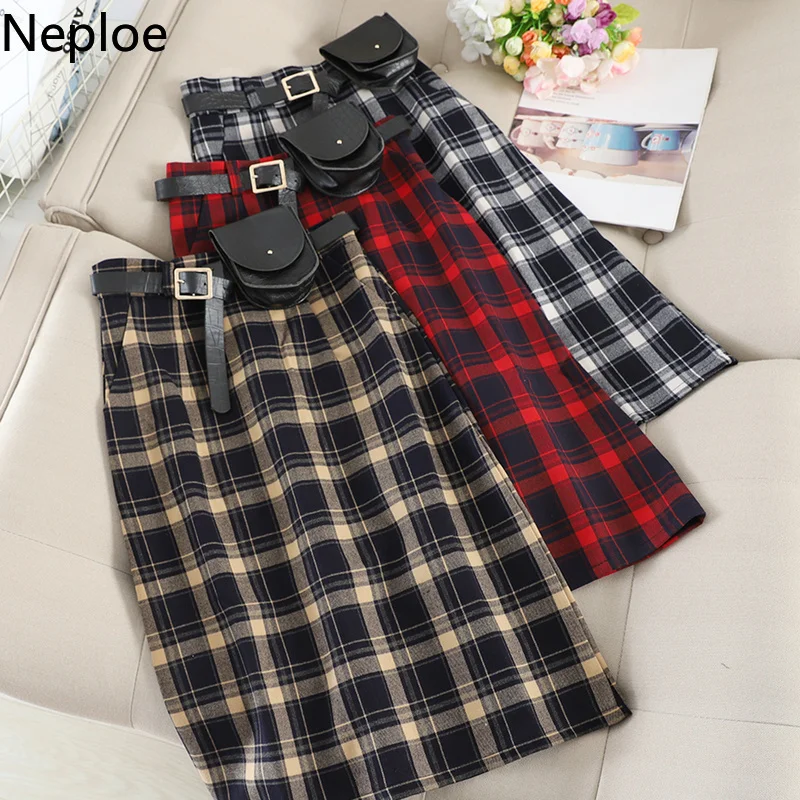 Neploe, клетчатые юбки для женщин, Осенние, повседневные, на молнии, для женщин, с ремнем, сумка, модные, высокая талия, а-силуэт, Облегающие юбки 80316