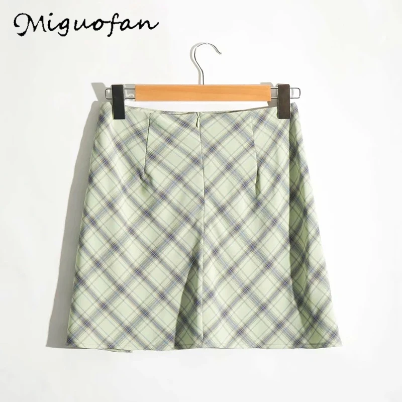 Miguofan green plaid printting skirts high split high waist Skirts for women high waist skirts vintage female lady spring 2020 Miguofan green plaid printting skirts high split high waist Skirts for women high waist skirts vintage female lady spring 2020