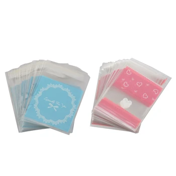 

200 PCS Lovely Cute Bowknot OPP Self Adhesive Cookie Bakery Candy Biscuit Roasting Treat Gift DIY Plastic Bag (Blue&Heart + Lace