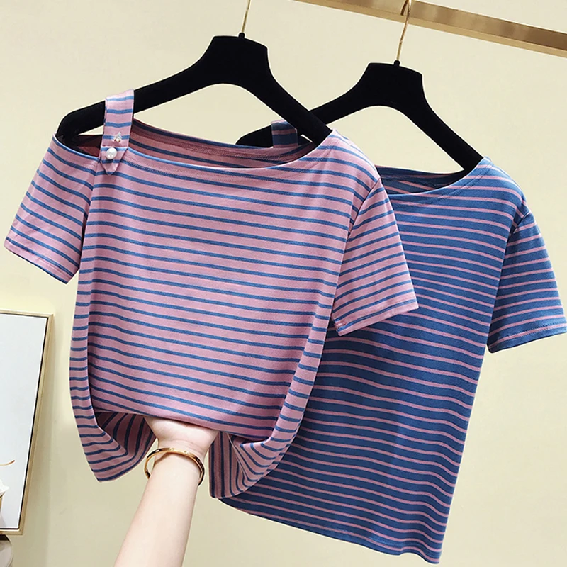 

shintimes T Shirt Women 2020 Summer Sexy Off Shoulder Beading Striped Tops Cotton Short Sleeve Slim O-Neck Tshirts Women Clothes