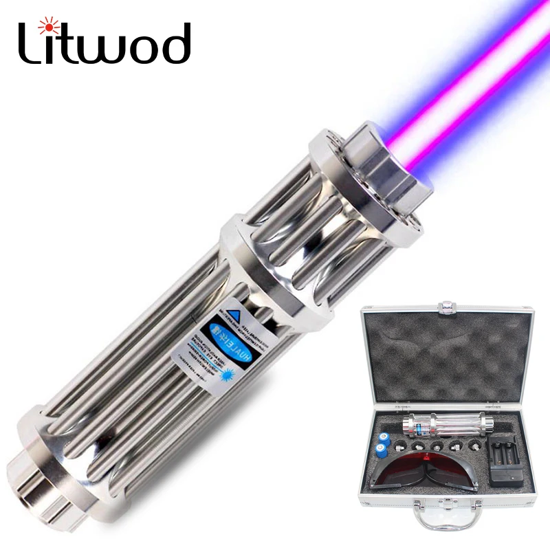 US $56.36 1200MW Blue Laser Pointer Flashlight Lighting Cigarette Match Beam Laser Module 16340 Battery Charger Box Litwod Single File