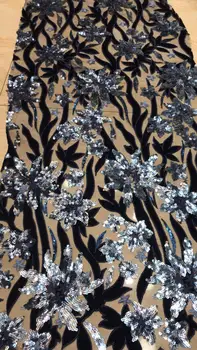 

on sale top quality Modern design French velet lace fabric African sequins Flower embroidery tulle lace fabric for ladies dress