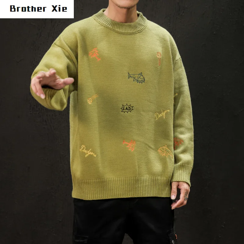 

Autumn Sweater Men Fashion Cartoon Embroidery Casual Knit Sweter Man Streetwear Wild Loose Long-sleeved Pullover Male Clothes