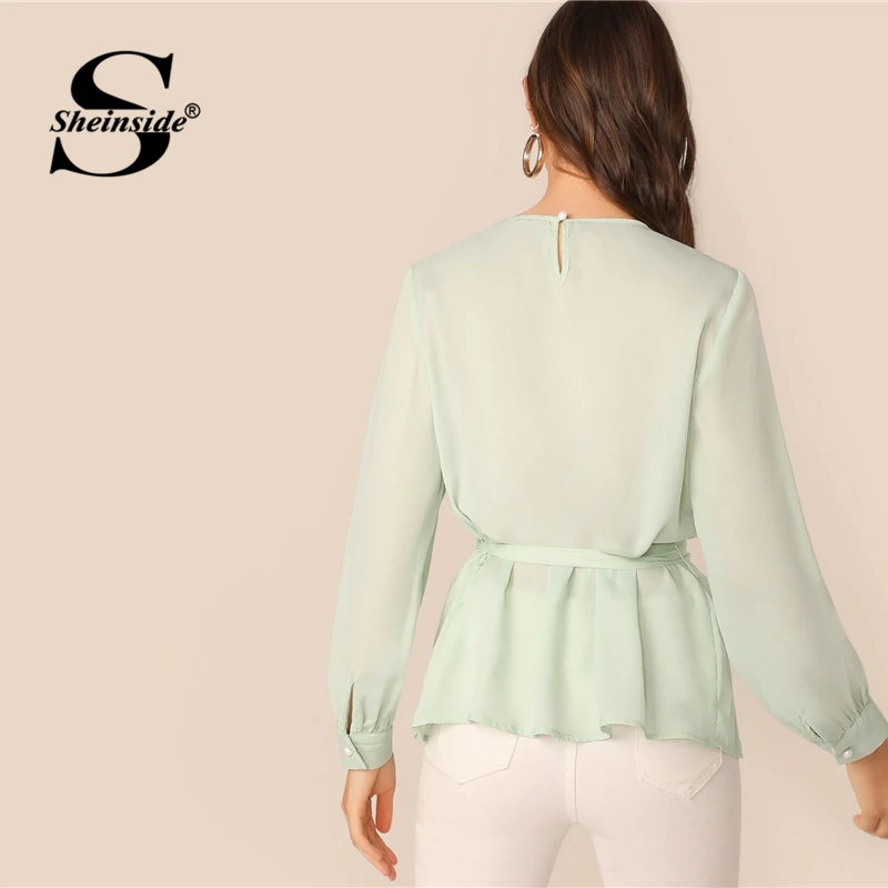 Sheinside/зеленая плиссированная блузка с длинными рукавами для женщин; коллекция года; сезон осень; шифоновые блузки с рукавом «Бишоп»; элегантные женские блузы с плотным поясом