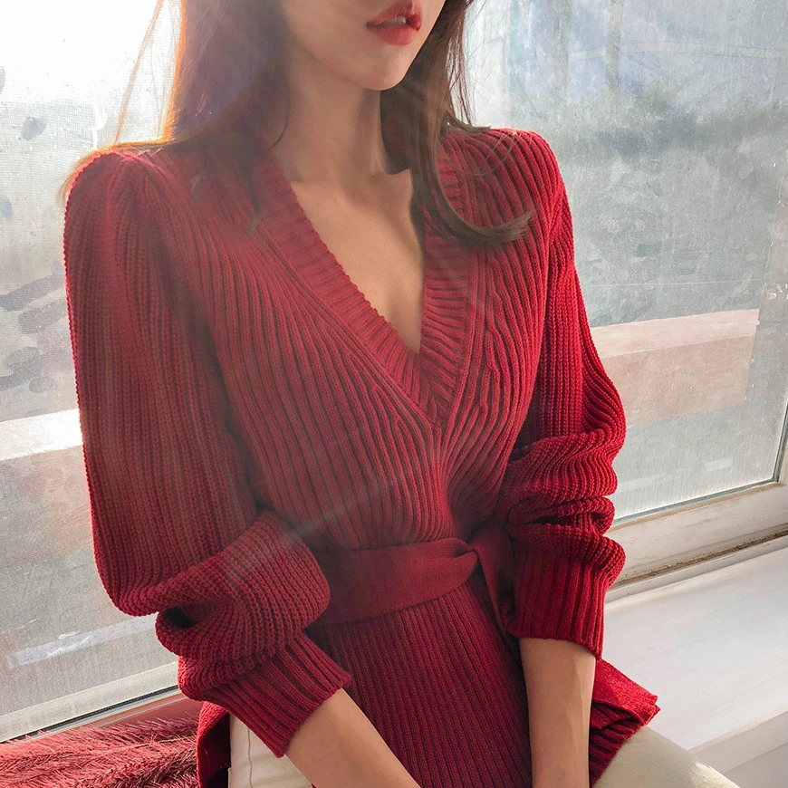 

V neck Bandage Sashes Tricot Pullover Women Sweater Invierno 2020 Blusa de frio feminina Korean Style Office Jersey Mujer Casual