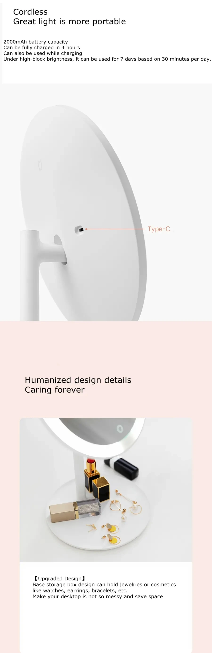 Newest Xiaomi mijia Makeup Mirror Desktop LED Lighted Portable Type-C Charging Touch Screen Adjustable Mirrors Brightness (6)