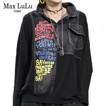 

Max LuLu Autumn New Luxury European Style Blouses Vintage Tops Ladies Printed Denim Shirts Womens Pocket Loose Clothes Plus Size
