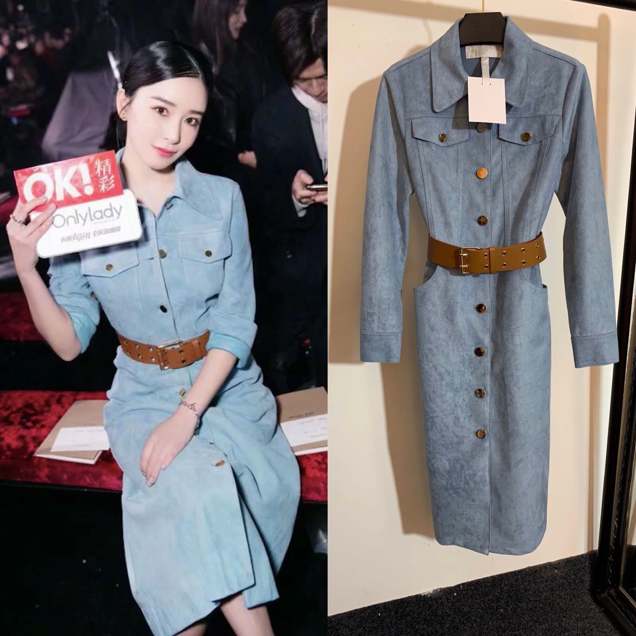

Plus Size XL Clothes Women Elegant Office Ladies Shirt Dress Fashion Belt Empire Denim Color Blue Suede Dress