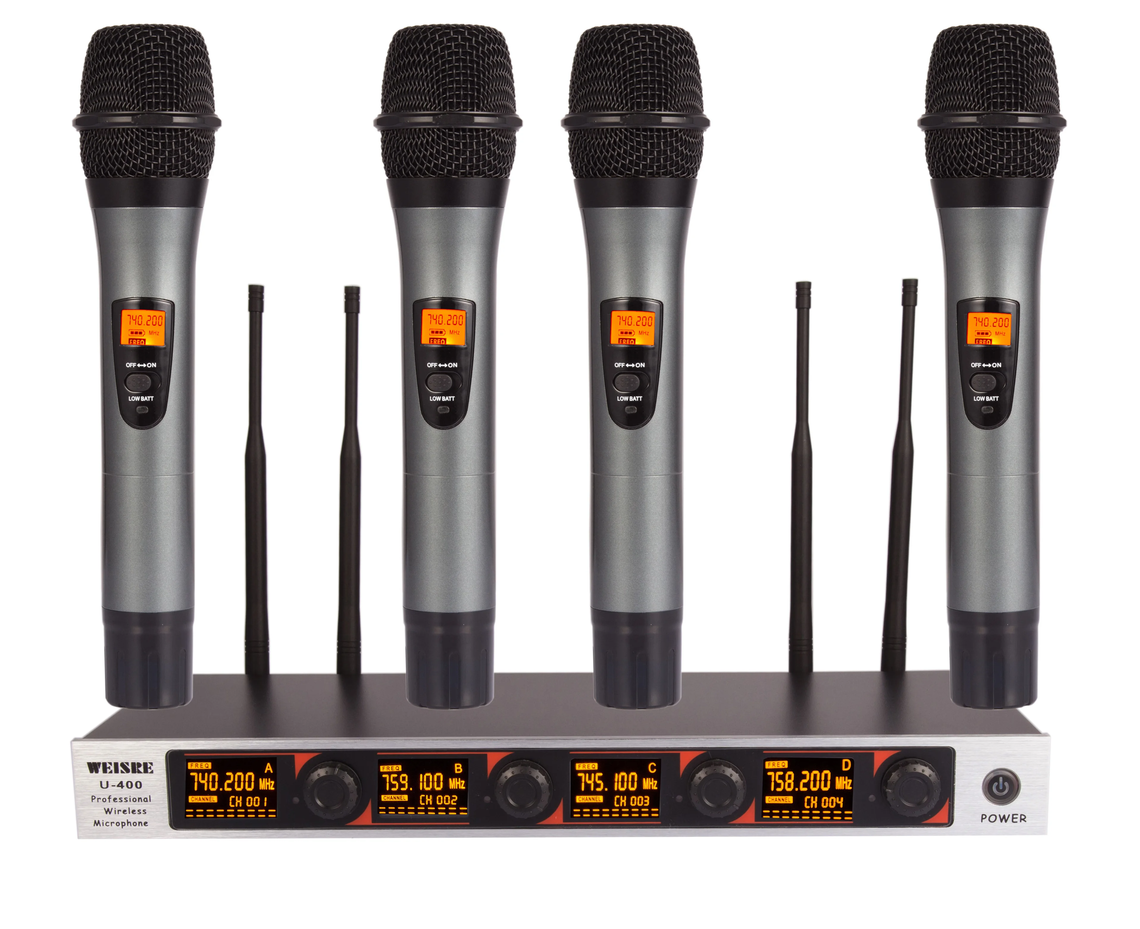 

WEISRE 4 Channel Professional Wireless vhf 180~270MHz Handheld Microphone System for Stage Meeting Party KTV Church Club Mic