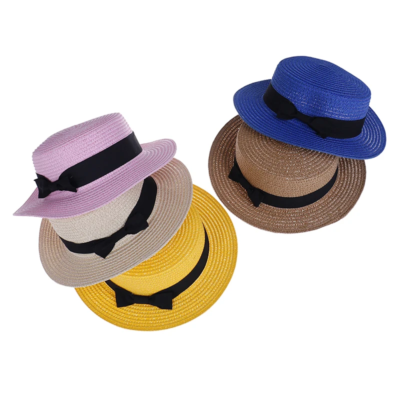 2-8T Mother Lovely Bowknot Flat Wide Brim Cap Summer Boho Straw Sun Hat Daughter Macthing Beach Cute Hat Women Kids Baby Girls