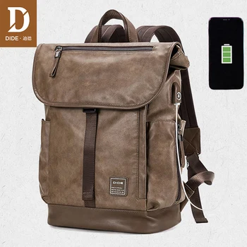 

DIDE PU Leather Backpack Travel Male USB Waterproof Laptop Backpack 15 Inch Cover back pack school bags Men mochila escolar