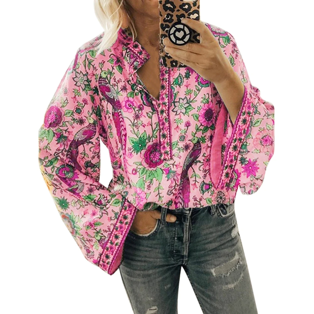 Laamei, Boho блузка с цветочным принтом, рубашка с рукавами-фонариками, сексуальные кружевные женские топы с круглым вырезом, весенне-летние шикарные блузки 5XL - Цвет: D