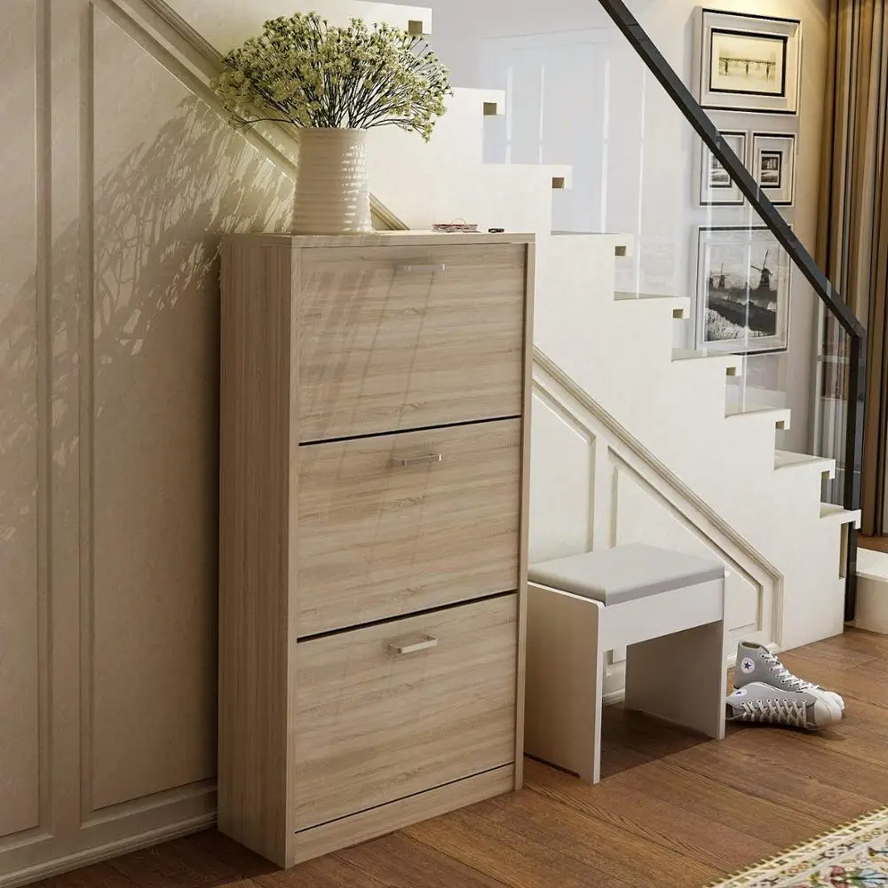 

Wood 3-Drawer Wooden Shoe Storage Cabinet Cupboard Shoe Storage Organiser Unit Pull Down Wooden Home Furniture