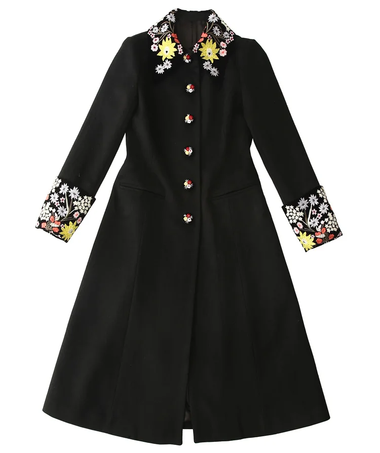 MoaaYina Высокое качество модные дизайнерские шерстяное пальто Зимняя Для женщин с длинным рукавом с вышивкой элегантные черные сапоги, сохраняющие тепло, верхняя одежда