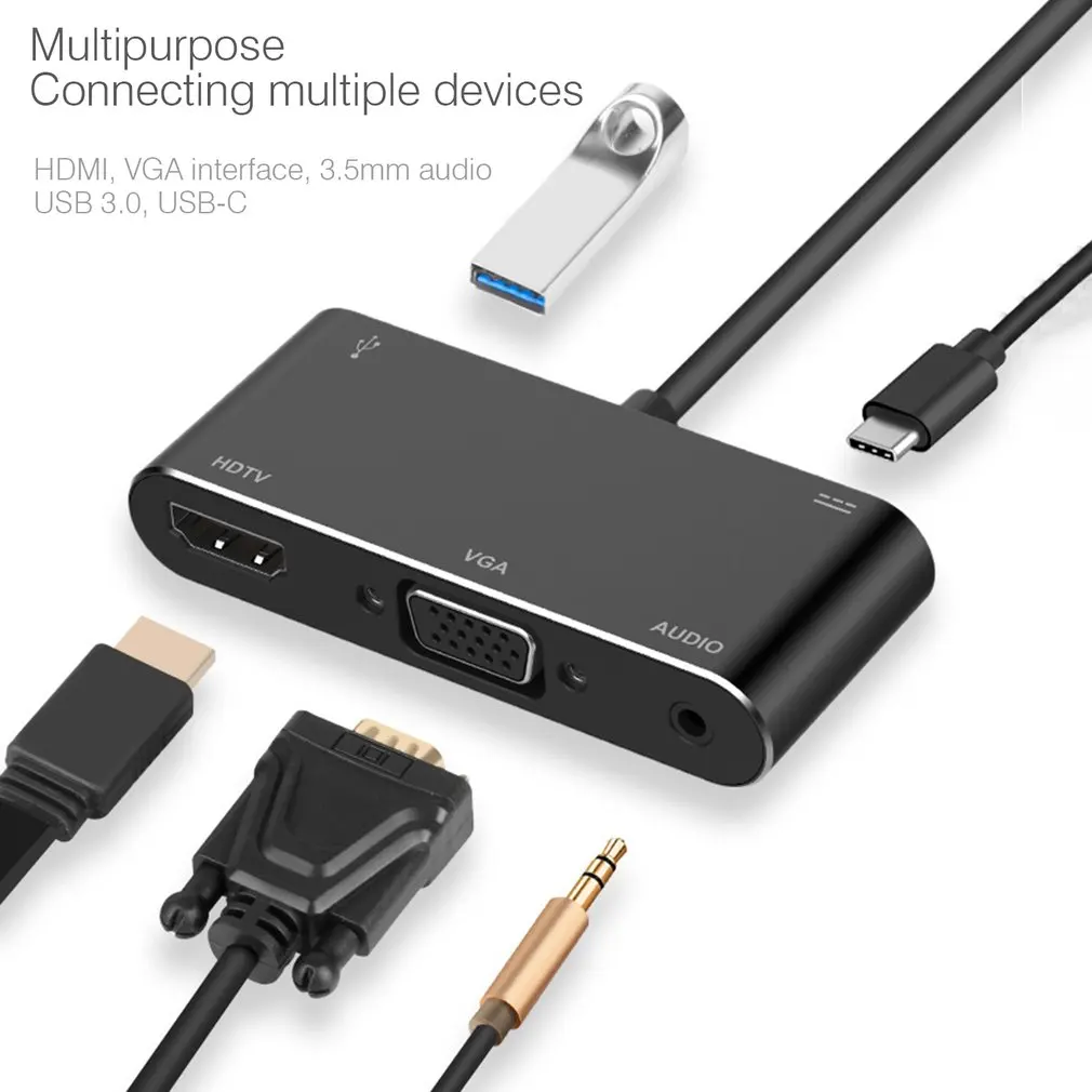 

TypeC Adapter 5-in-1 Thunderbolt 3 USB Type C Hub to HDMI VGA 3.5mm Jack USB Adapter with Type-C Power Delivery for MacBook Pro