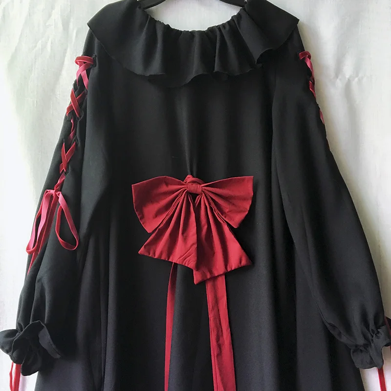 Женское японское винтажное готическое платье в стиле харджуку в стиле Лолиты, кавайное черное платье с длинным рукавом и повязкой для девушек - Цвет: 1 long sleeve