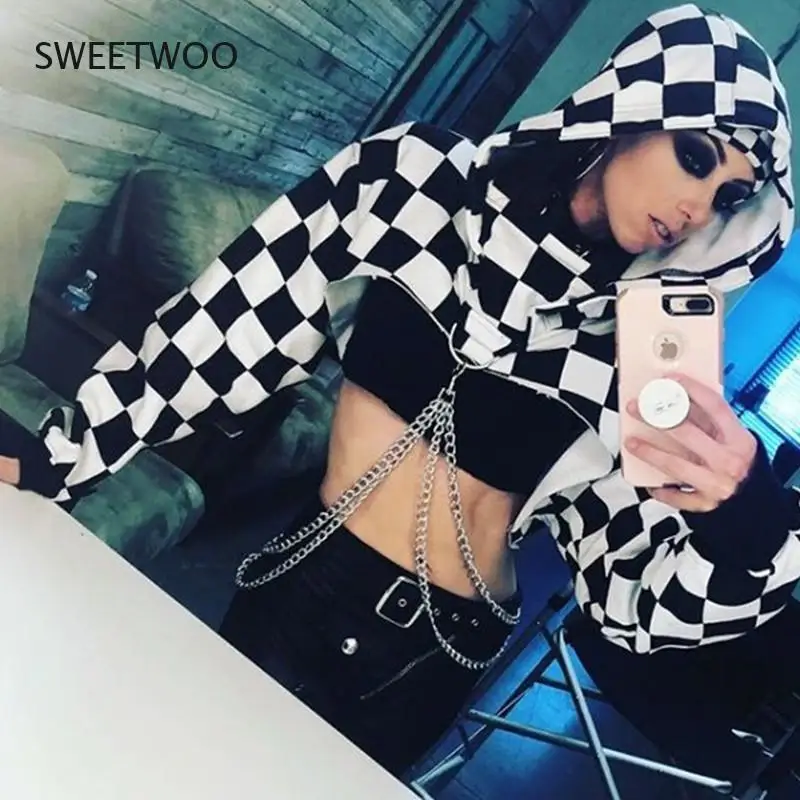 Women Hoodies Sexy Gothic Punk Chain Crop Top Hooded Pullover Sweatshirt Cosplay Casual Tops