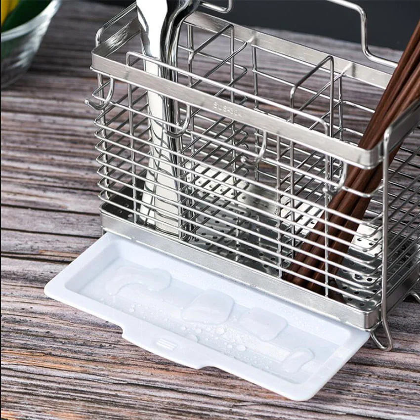 304 Stainless Steel Chopsticks Spoon Fork Cutlery Drying Rack Draining Water Tray Kitchen Shelf Stand Holder Tool 4 Hanging Hook