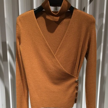 

Cross V-neck Women's Slim Knitted Sweater Ladies Long Sleeve Ruffled Fashion Female Elegant Knitwear Tops With Buttons