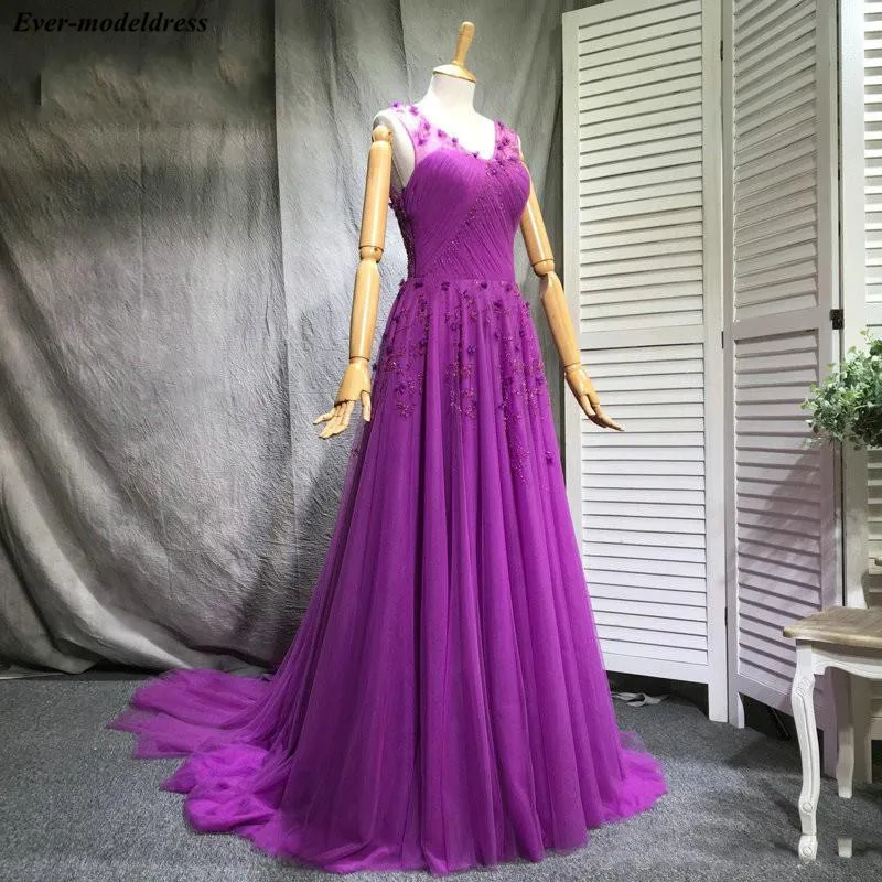 Fuchsia Long Prom Dresses A-line Handmade Flowers Backless Wedding Formal Party Gowns Evening Dress Vestidos De Festa