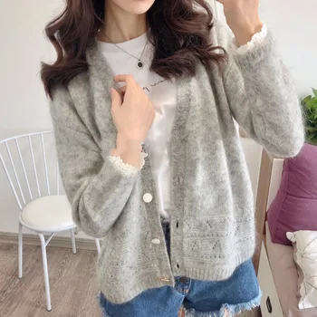 

2020 Early Spring New Knitting Cardigan Women V-neck Simple Style Lace Patchwork Long Sleeve Sweater