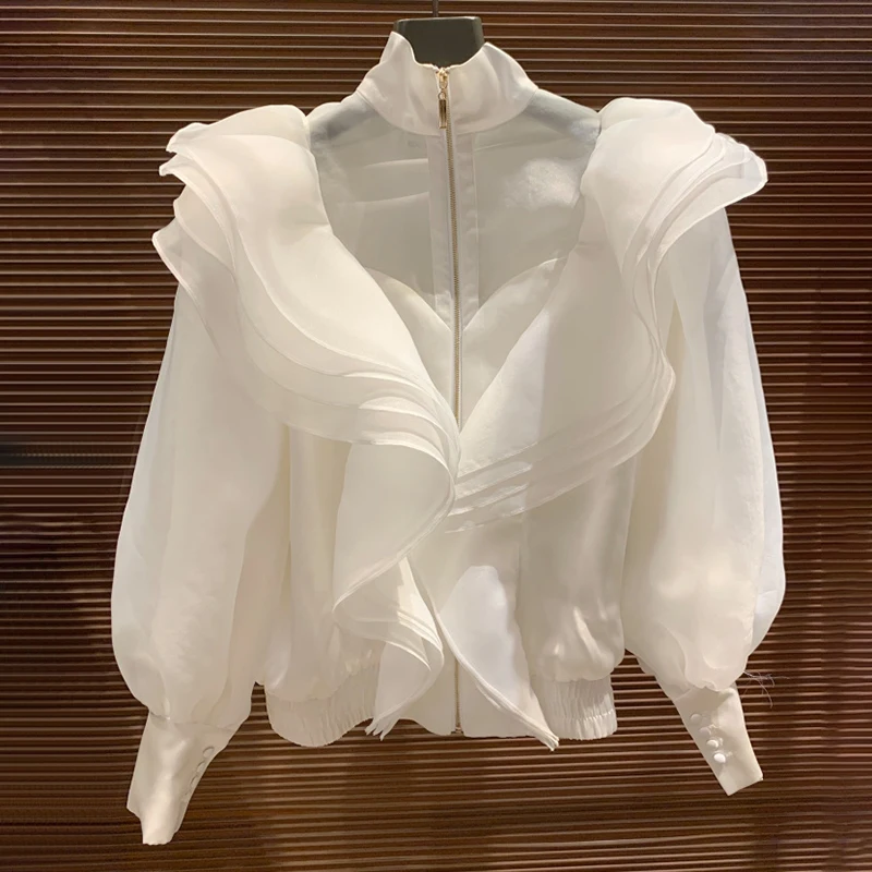 TWOTWINSTYLE Повседневная Лоскутная рубашка с оборками Женская водолазка фонарь длинный рукав Свободная блузка для женщин модная одежда Новинка