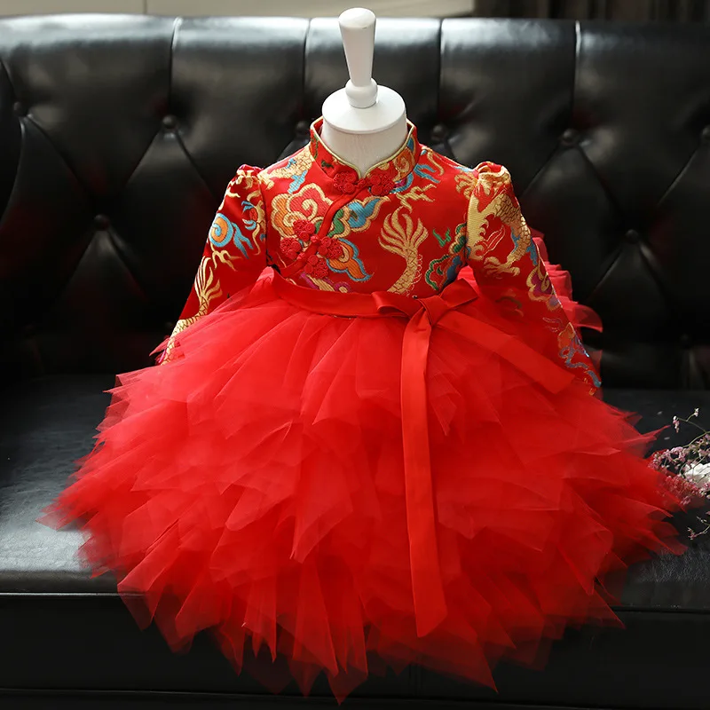 Children One Year Old Birthday Clothing Chinese Lovely Embroidery Girls Chinese Traditiona New Year Outfits Children Party Dress