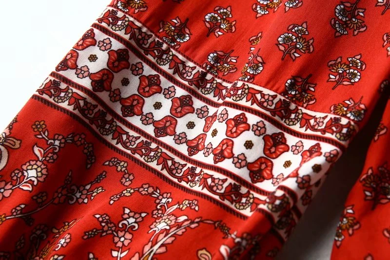 Boho Chic, женские топы, Ретро стиль, красный цветочный принт, кисточка, свободные блузки, для девушек, на шнуровке, Круглый ворот, длинный рукав, пляжные рубашки, Blusas Mujer