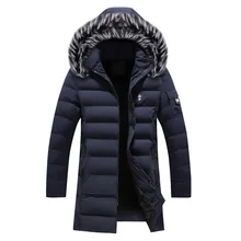 Новинка, модная зимняя мужская куртка с меховым воротником и капюшоном, длинное пальто, бархатная теплая парка, Мужская толстая верхняя одежда, повседневный ветрозащитный Тренч