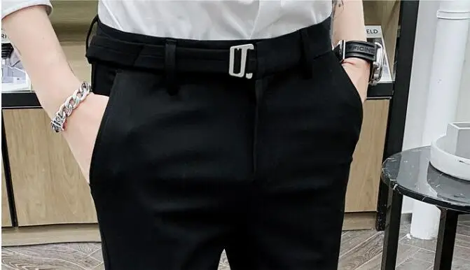 Маленький эластичный мужской тонкий костюм брюки серый хаки черные брюки модные деловые повседневные Молодежные мужские брюки