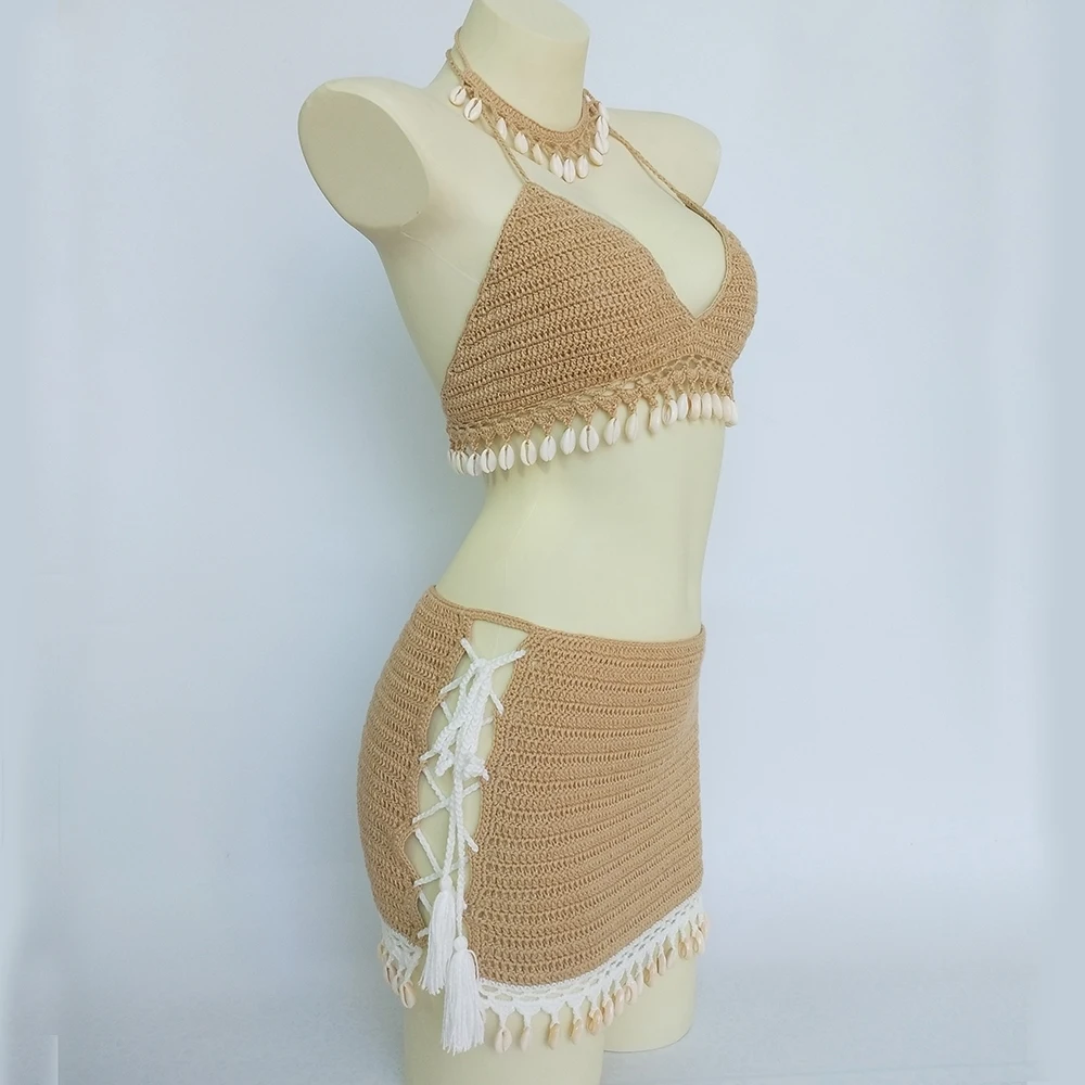 3pcs Bikini Set Woman Shell Tassel Crochet Bikini Top Sexy Beach Skirt Lace See Through Slim Mini Skirt  And Seashell Necklace