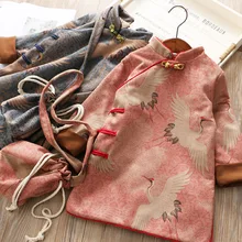 Детское Новогоднее зимнее платье Ципао в китайском стиле с длинными рукавами и круглым вырезом для девочек