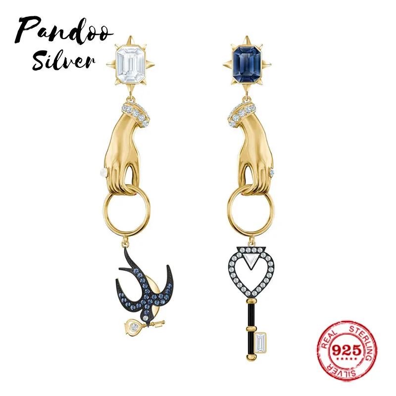 Модные подвески из стерлингового серебра 925 пробы Роскошные ювелирные изделия подарок для женщин, желтые серебряные изысканные ласточки, ключи и серьги руки