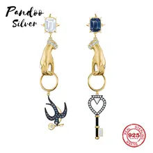 Модные подвески из стерлингового серебра 925 пробы Роскошные ювелирные изделия подарок для женщин, желтые серебряные изысканные ласточки, ключи и серьги руки