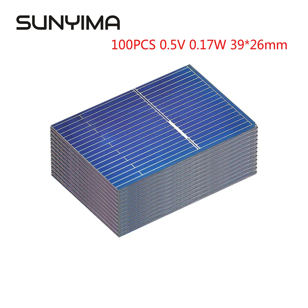 SUNYIMA 100Pcs 0.5V 0.17W Polycrystalline Solar Cells Panel 39*26mm Mini Sunpower Photovoltaic Panels for DIY Solar Kit Charger