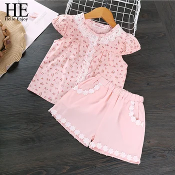 

HE Hello Enjoy Girls Flowers Clothing Sets 2020 New Summer Girls Cotton Short sleeve Lace Top +Shorts Outfits Kids Floral Suits