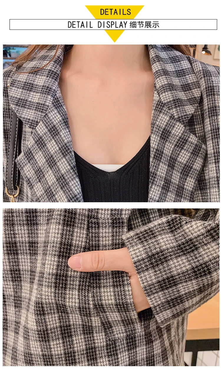 2020 Autumn Female Korean Retro Business Chic Suit Coat Plaid Office Lady Blazer Feminino Women Jacket Suit Grey Casual Clothes