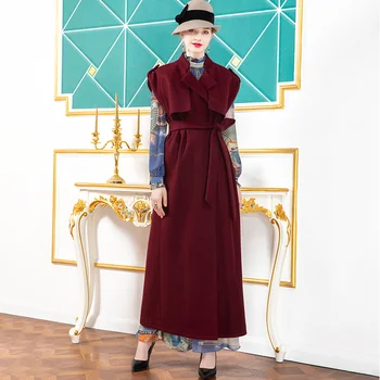 

2020 European Style Wool Coat Fall Winter Turn Down Collar Short Sleeve Outwear Elegant with Belt Big Size DZ2543