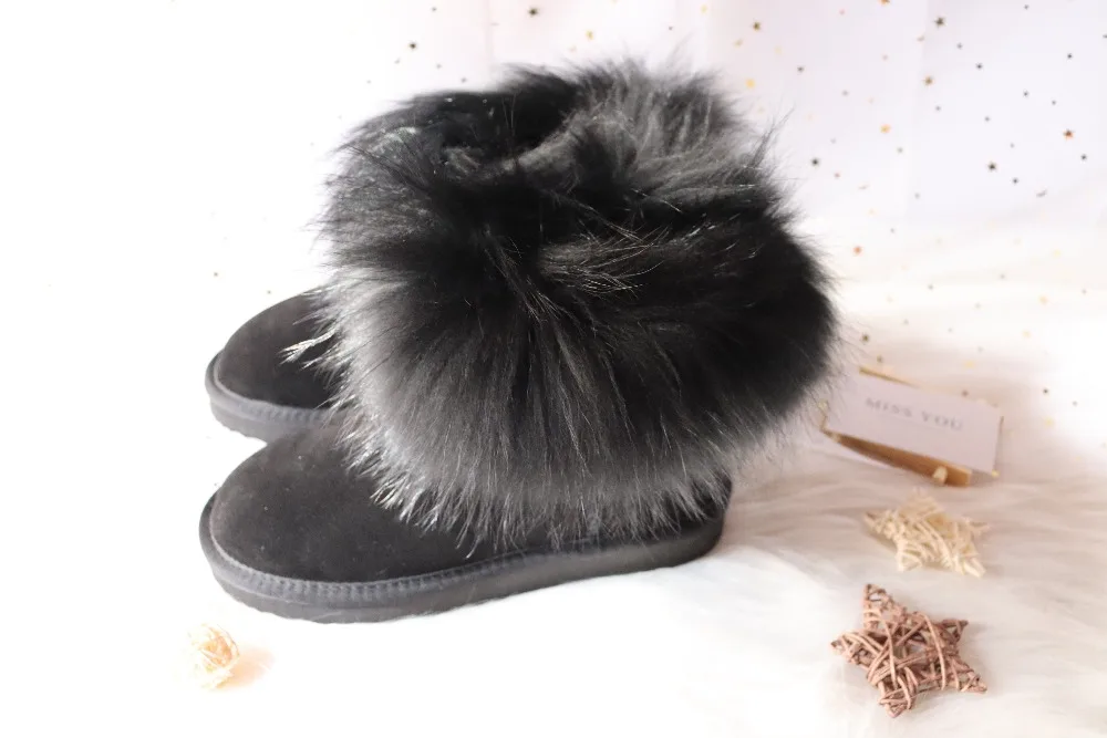 New Natural Big Fox Fur Genuine Leather Women Snow Boots Wool Inside Winter Boots Slip-On Ankle Boots Female Raccoon Fur