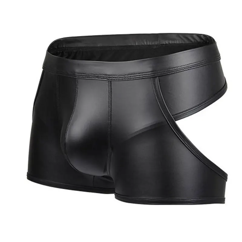 Черный Sexy U Convex Pouch Boxer for Men Underwear PU Hollow Out Open Crotch Gay Wear Low Rise Boxer Cool Male Stage Wear Plus Size M15 - Цвет: Черный