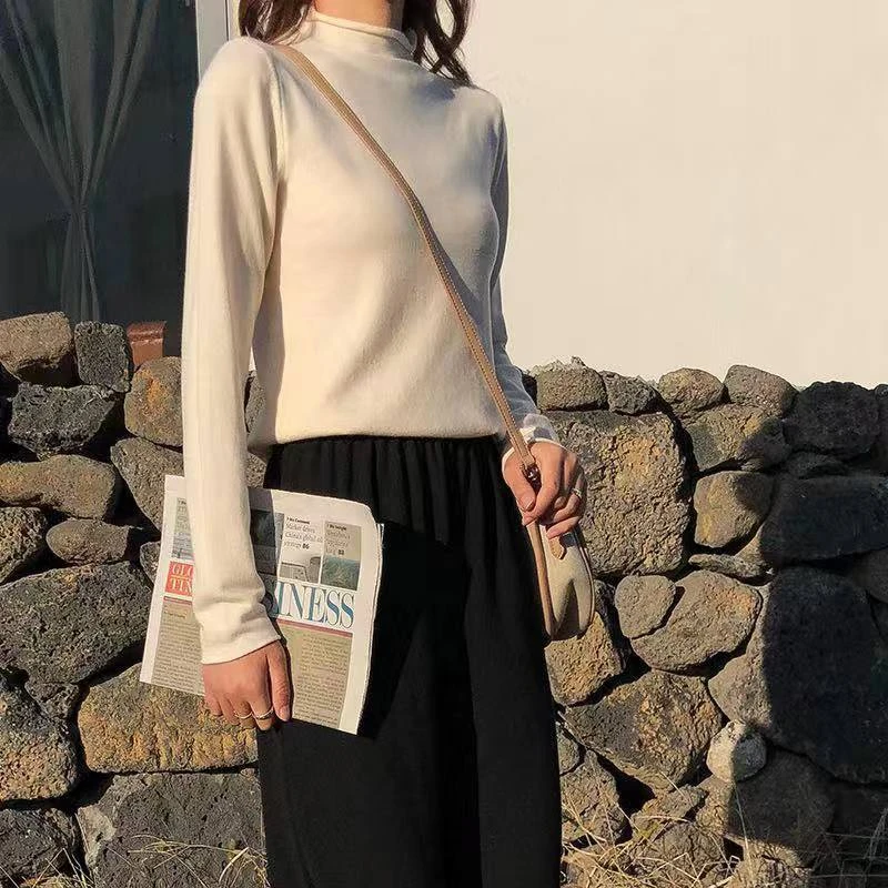

High Collar Knitting Sweater Women Casual Basic Fashion Long Sleeve Solid Loose Thin Sweater Pullover Female Pink Yellow Tops