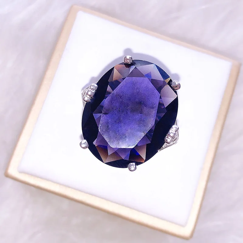 Целлюлозное элегантное простое выдолбленное кольцо для женщин овальной формы аметист Серебро 925 ювелирные изделия эллиптические экстра большие драгоценные камни - Цвет камня: Фиолетовый