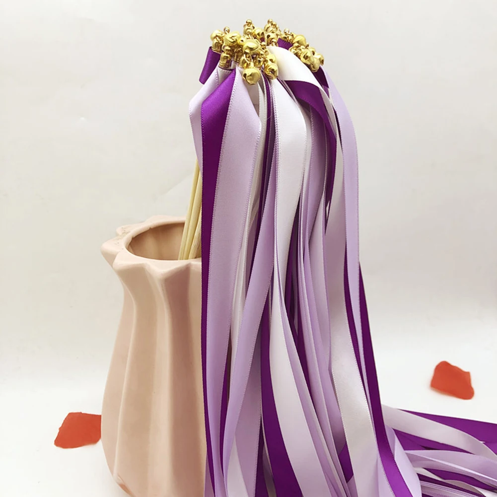 Purple 20 шт. цветная лента для свадебного торжества, свадебные палочки с золотыми колокольчиками для улицы, Свадебные вечерние украшения, подарки - Цвет: Purple