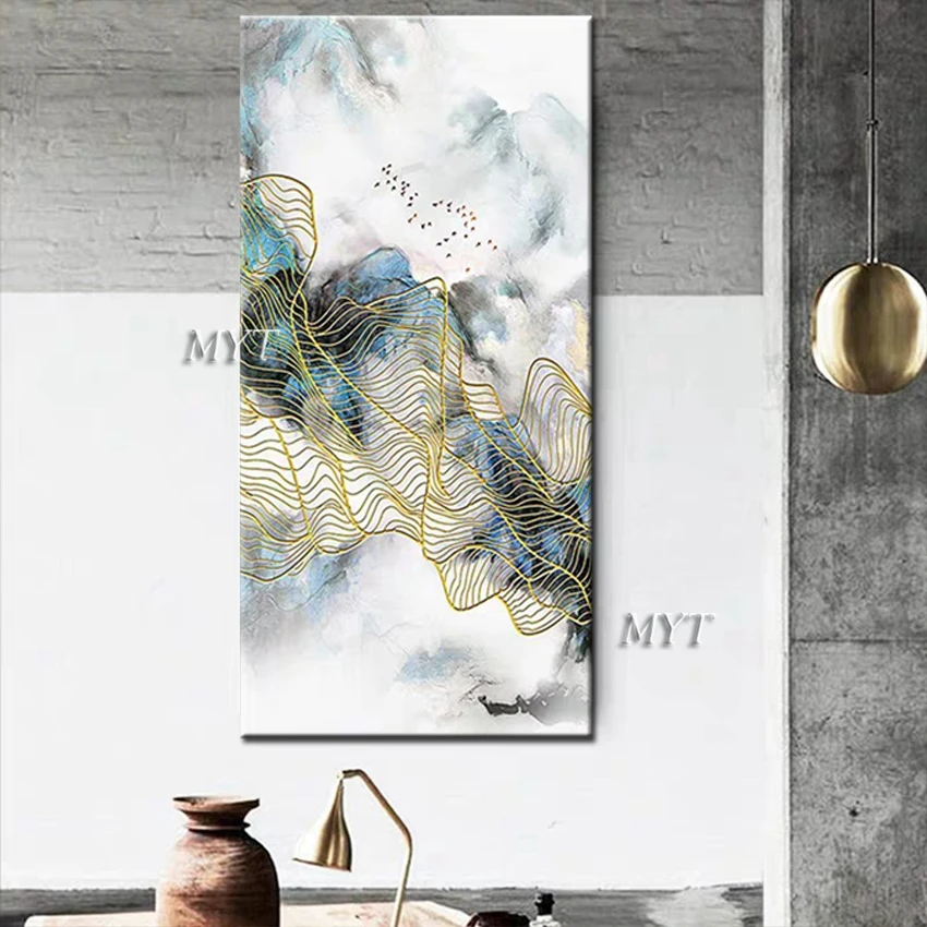 

Новейший дизайн, золотые линии, абстрактная ручная роспись, холст, картина маслом, современная абстрактная Золотая стена, художественное оформление для дома