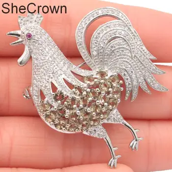 

36x47mm SheCrown New Designed Rooster Shape Smoky Topaz Tourmaline CZ Present Silver Brooch