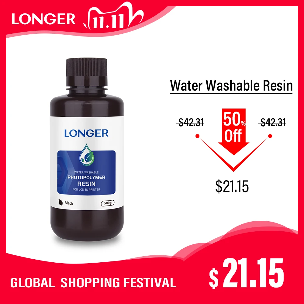 

LONGER Water Washable Resin for Orange 10 & Orange 30 3D Printer Printing Material 500g/1KG Compatible for Photon/Photon S/Mars