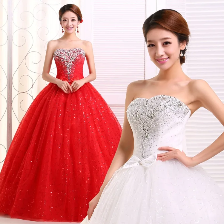 Classic Design Diamond Wedding Dress Sweet Romantic Lace Red Princess Wedding Dress Strapless Mariage Wedding Gown summer wedding guest dress