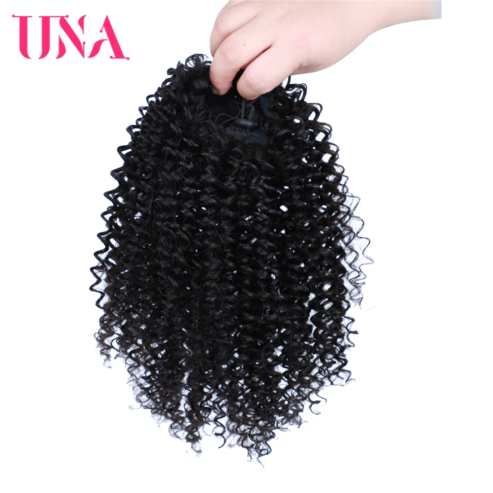 UNA 18" Brazilian Human Hair Drawstring Ponytail Afro Kinky Curly Hairpiece With Two Plastic Combs Natural Black Hair Extensio