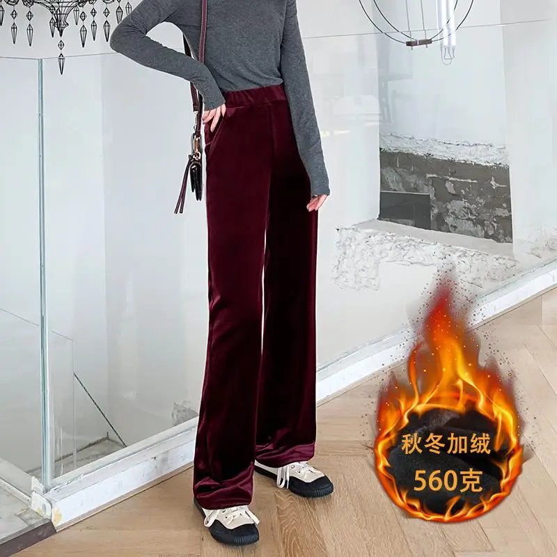 Осенне-зимние брюки с высокой талией, бархатные широкие брюки, женские плюшевые утолщенные свободные осенние узкие брюки, женские плиссированные брюки - Цвет: Thicken Winter Red