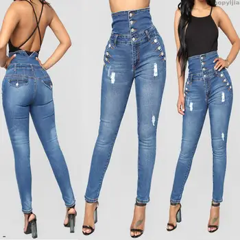 

Autumn Fashion Button Denim Pencil Women High Waist Jeans Female Plus Size Pants Casual Stretch Skinny Mom Jeans 3XL